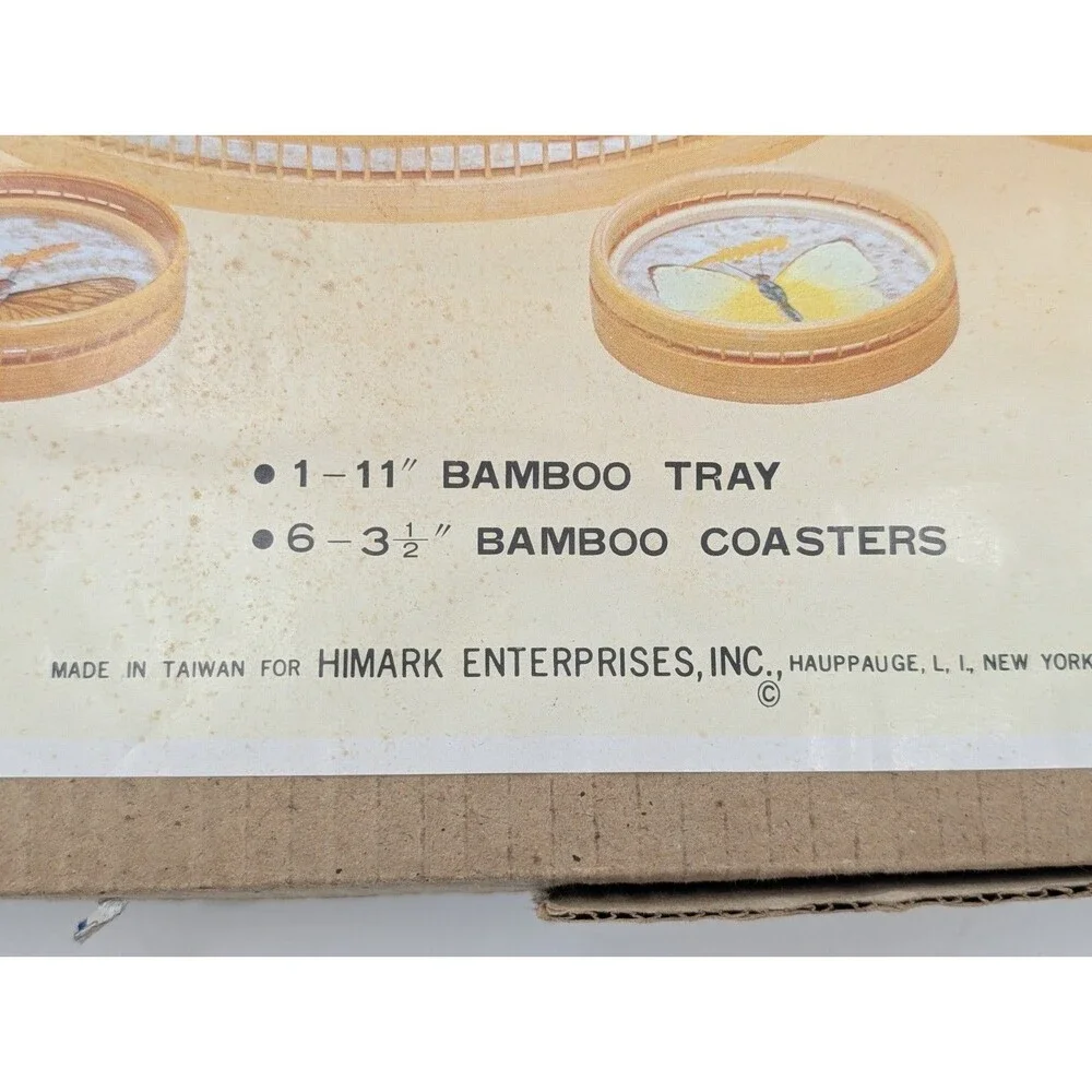 Himark Bamboo Tray Coaster Set Acrylic Pressed Butterfly Flowers 7 Pc Vintage
